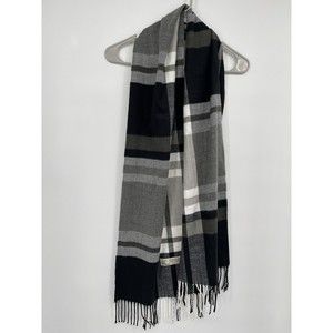 Italy Design OS Plaid Scarf Women Black Grey‎ White Cashmere Feel Fringe Trim